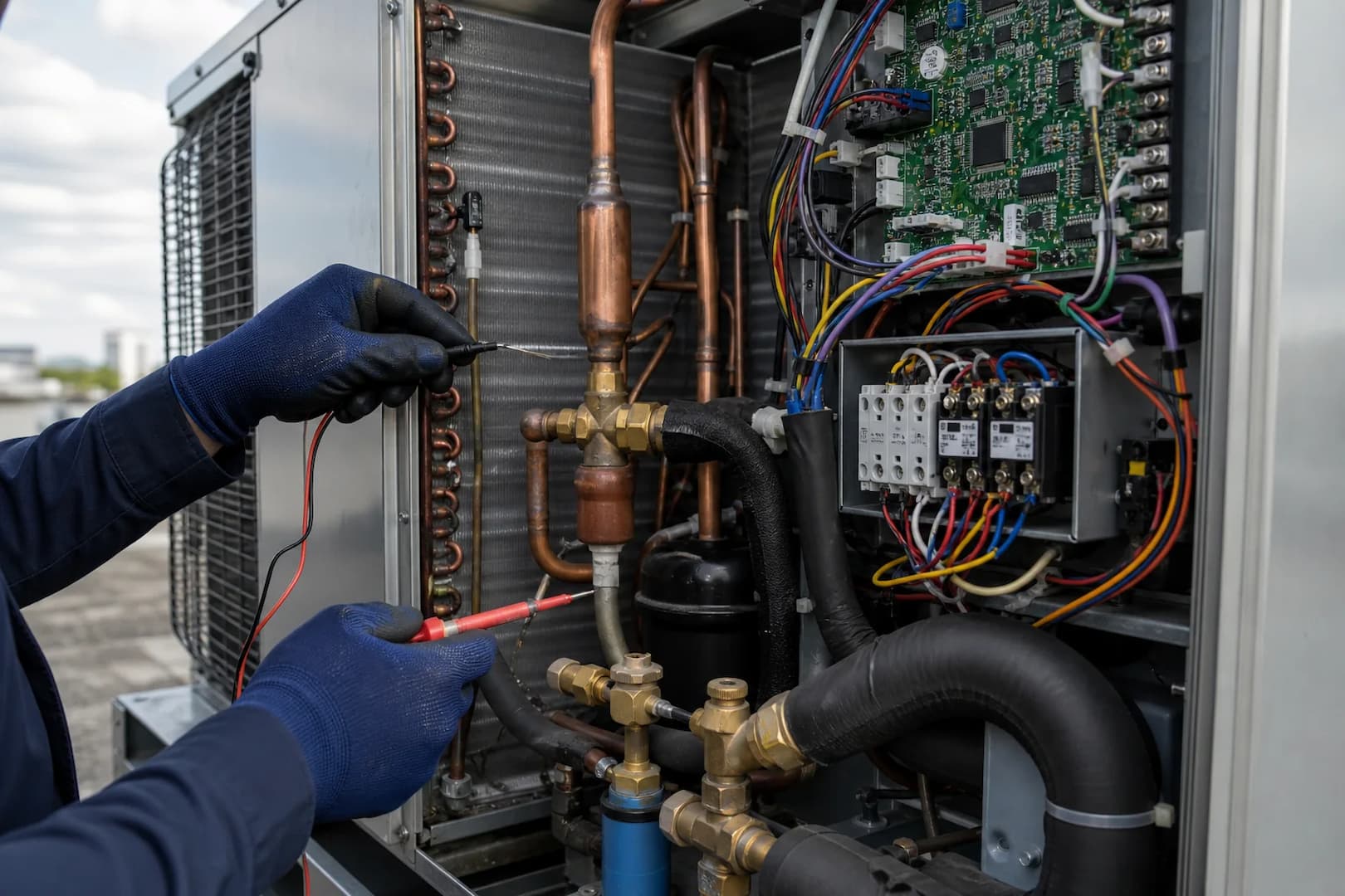 Commercial heat pump components and diagnostic instruments during service