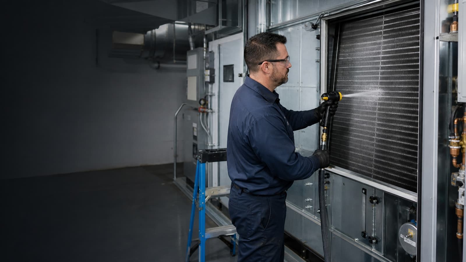 Commercial HVAC technician cleaning a large air handler coil