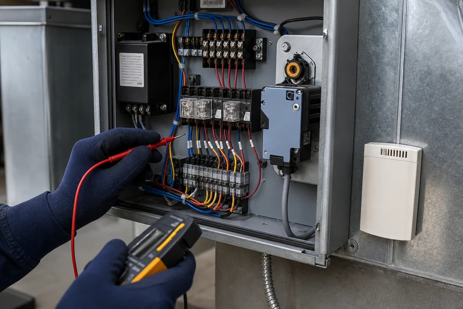 Commercial HVAC control panel with relays, actuator, sensor wiring and meter probes