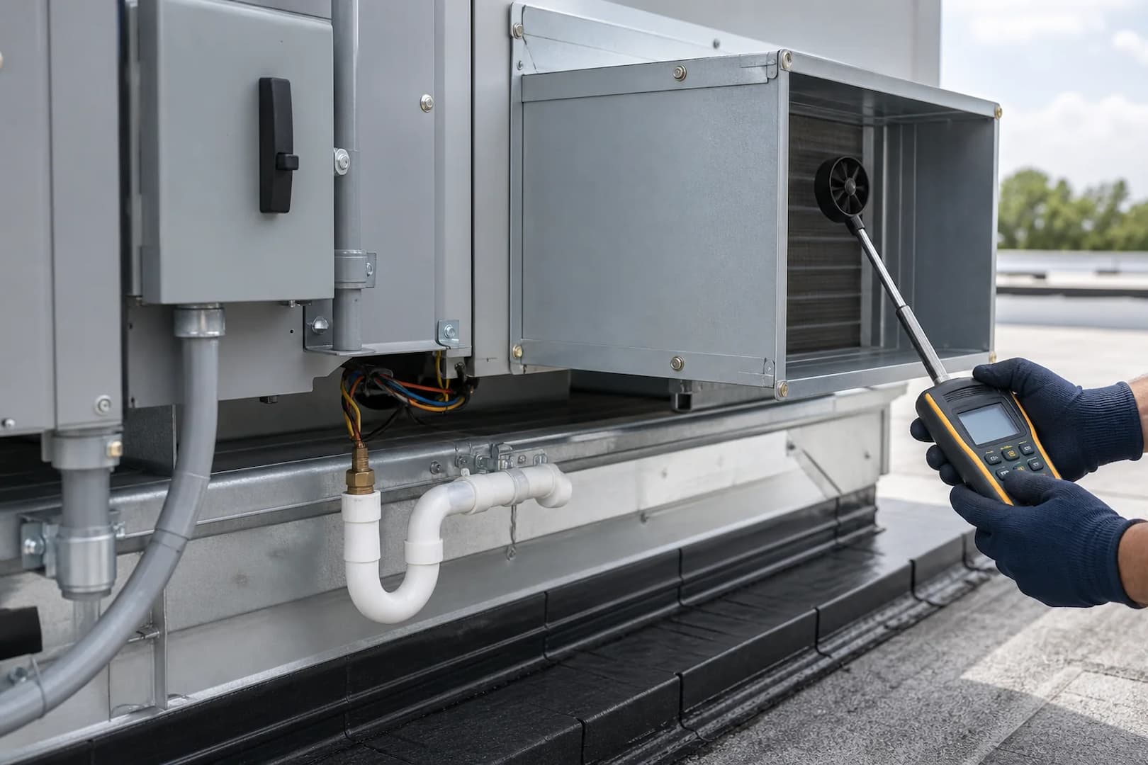 New commercial rooftop HVAC equipment being positioned for installation