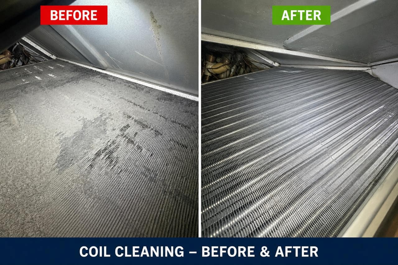 Commercial indoor HVAC coil before and after cleaning