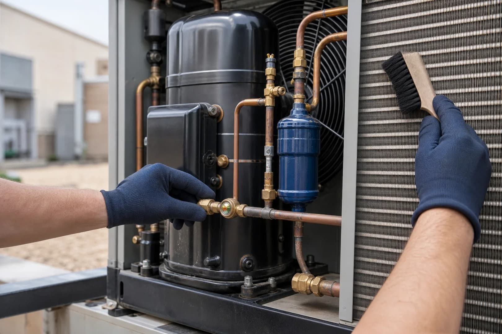 Commercial refrigeration condensing equipment being inspected during planned maintenance