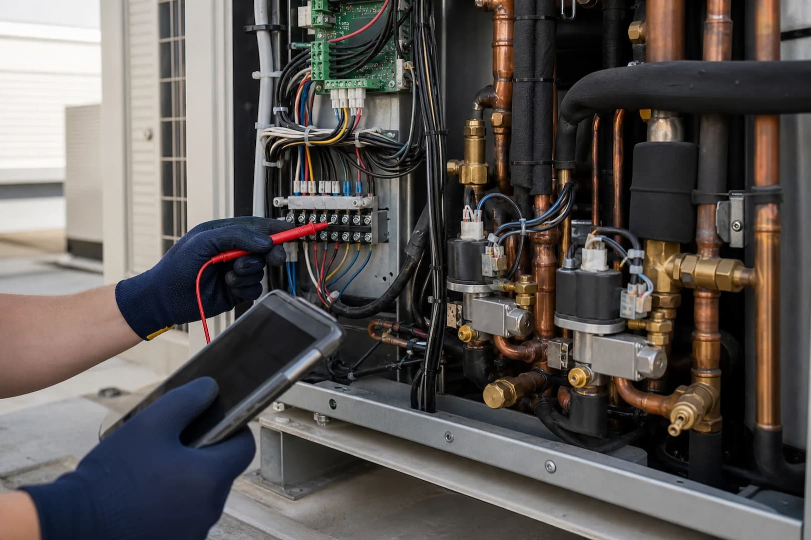 Commercial VRF outdoor unit being inspected with diagnostic instruments