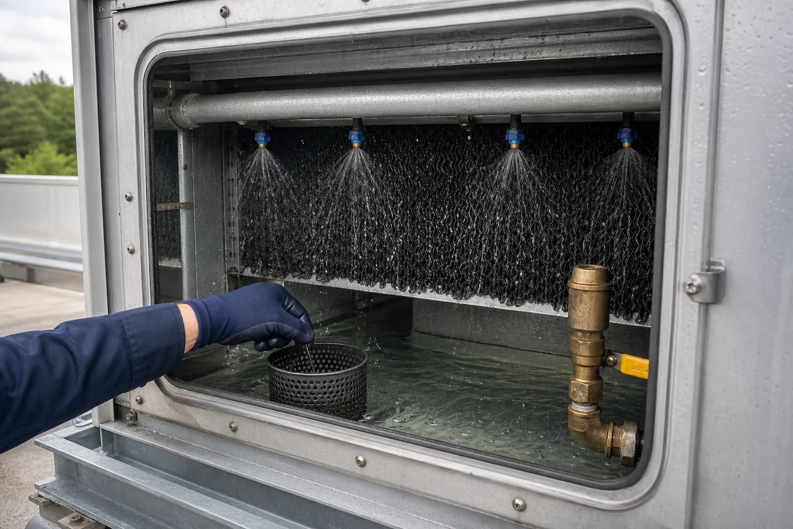 Cooling tower basin, fill media, spray nozzles, make-up valve and strainer during inspection