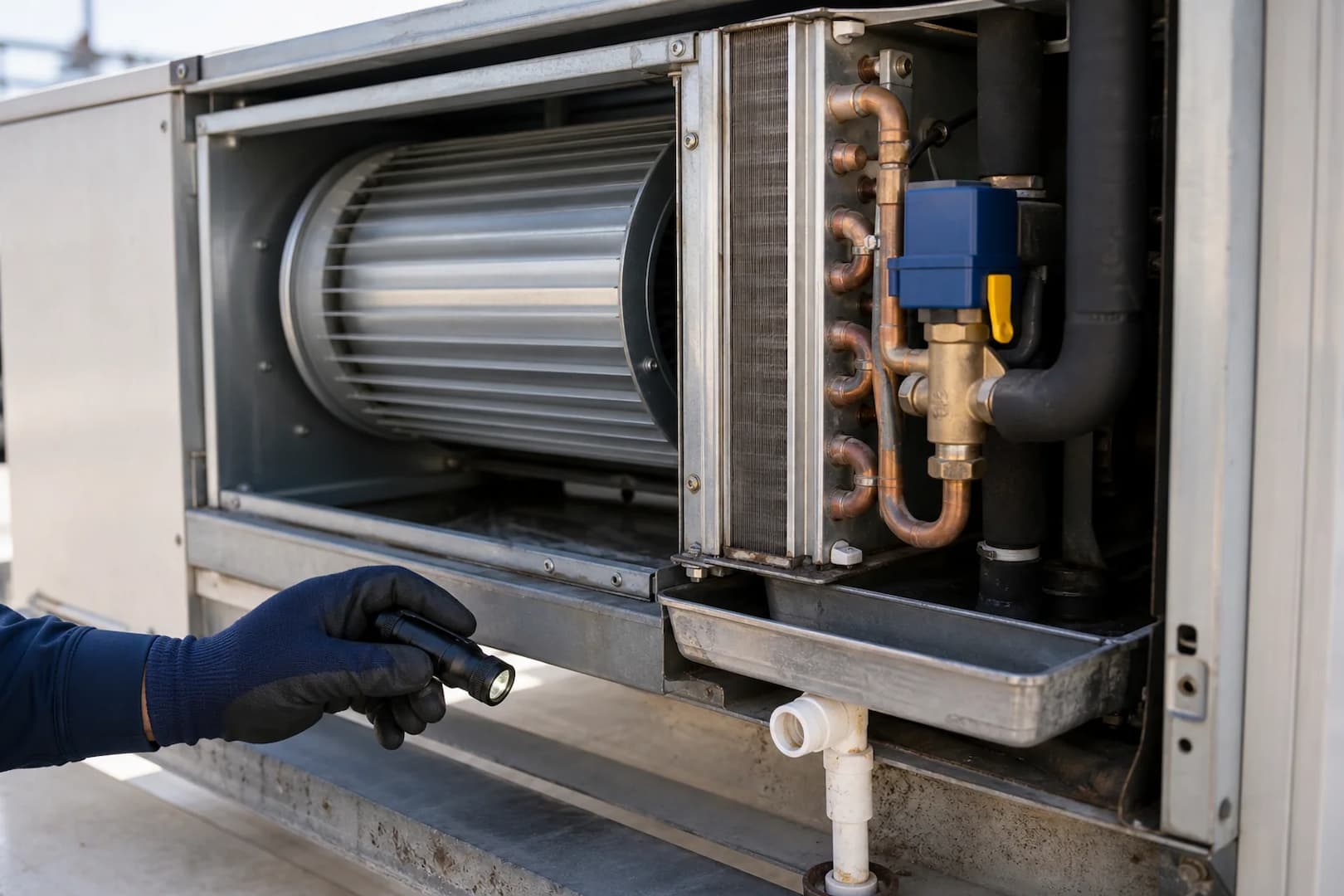 Open fan coil unit showing blower, hydronic coil, valve actuator and condensate pan