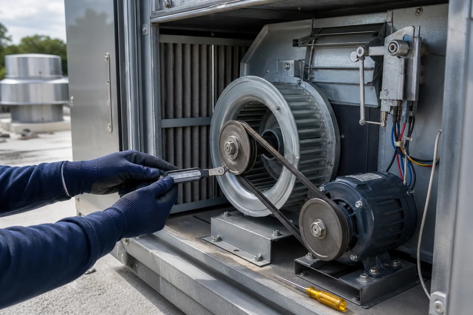 Technician checking the belt drive and blower inside a commercial makeup air unit