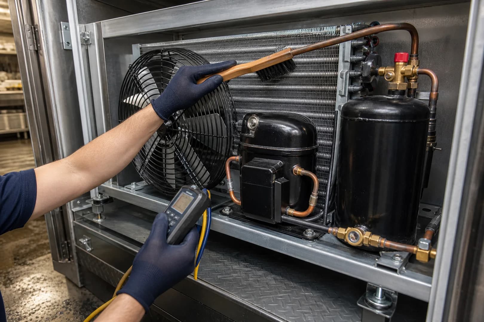 Walk-in cooler condensing unit with coil, compressor, fan and service tools