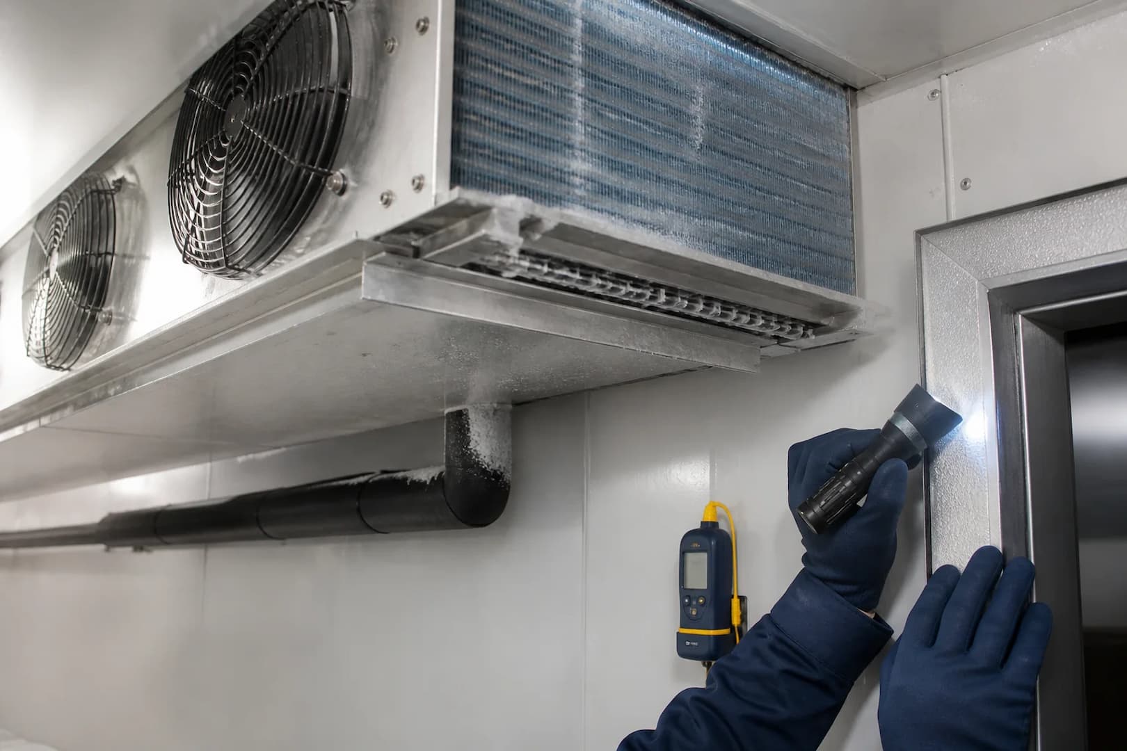 Walk-in freezer evaporator, drain, fans and door gasket during preventive maintenance