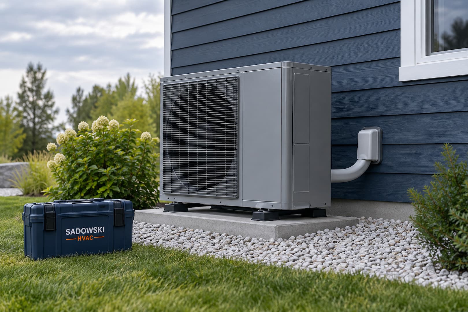 Illustrative outdoor heat pump beside a blue-sided home with a Sadowski HVAC tool case.