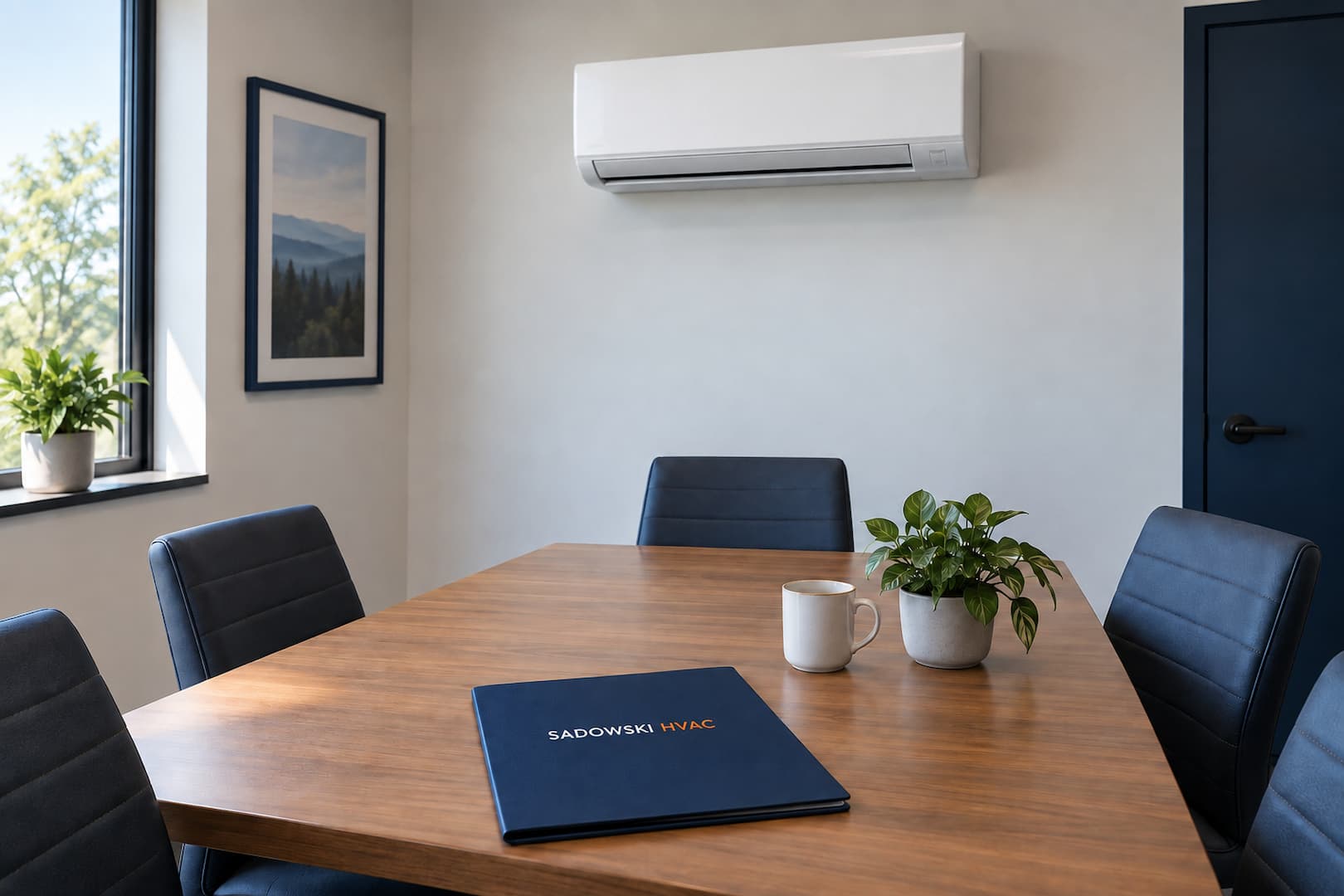 Illustrative meeting room with a ductless unit and a Sadowski HVAC folder.