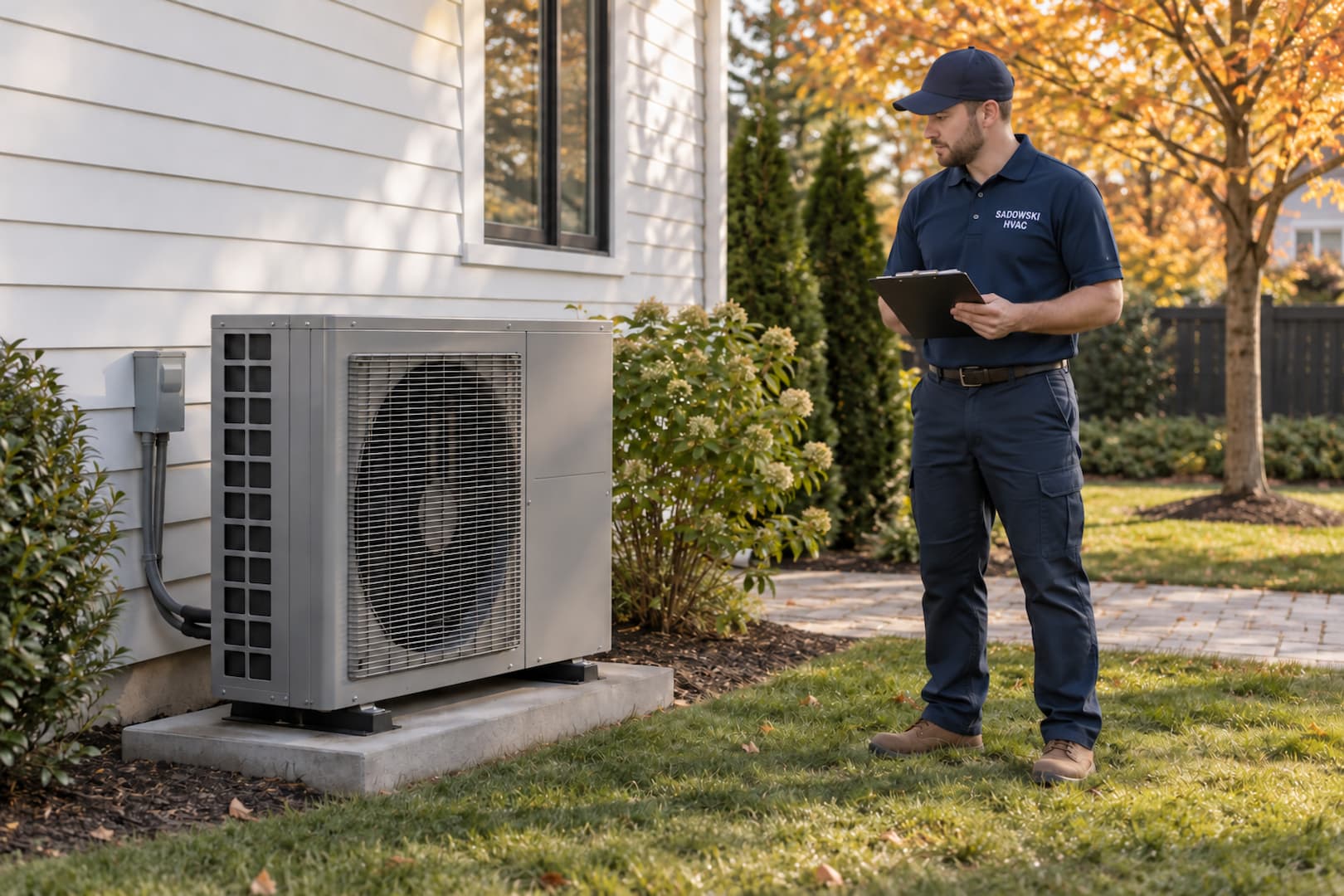 Illustration of a technician reviewing a residential heat pump installation outdoors