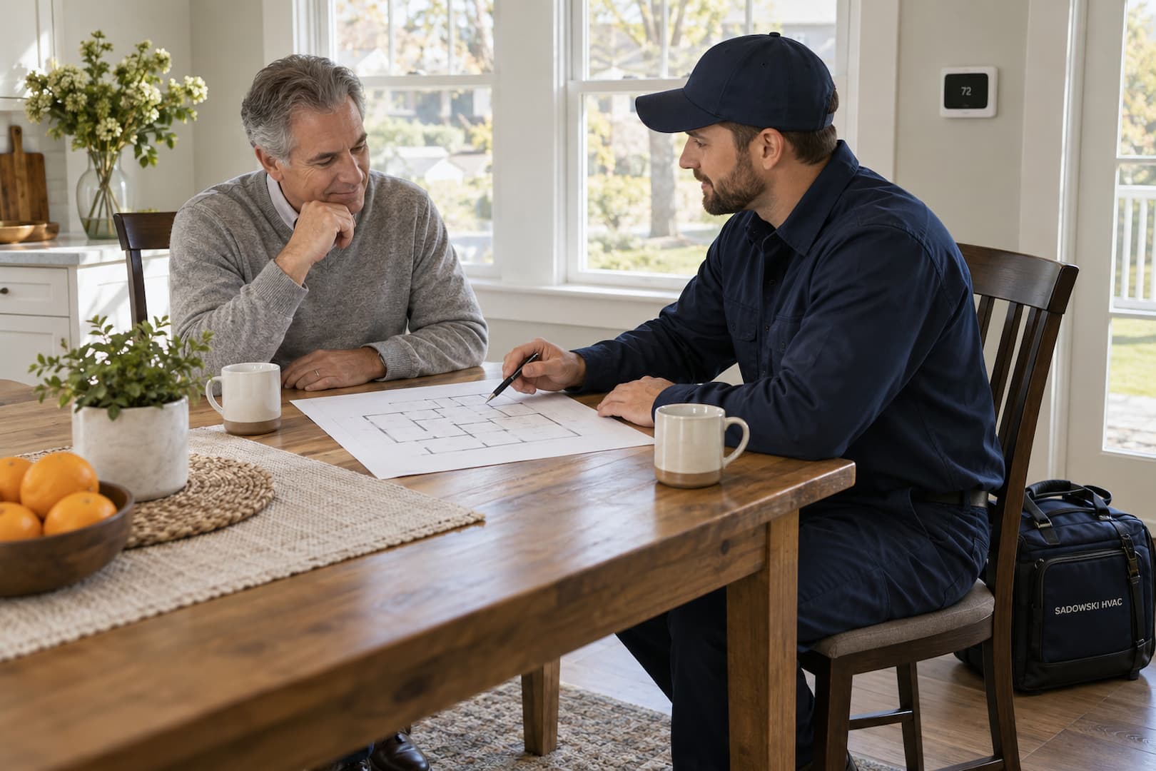 Illustration of an HVAC planning conversation around a home floor plan