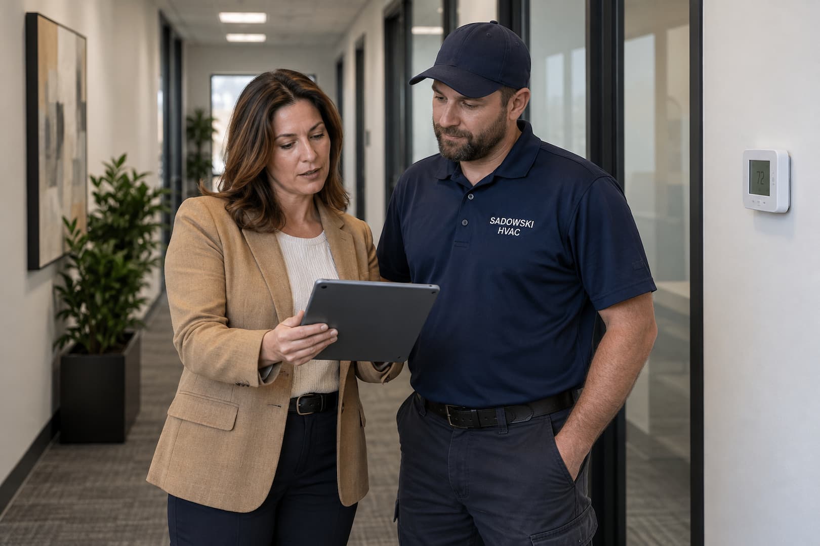 Illustration of a property representative and technician reviewing a tablet near a thermostat
