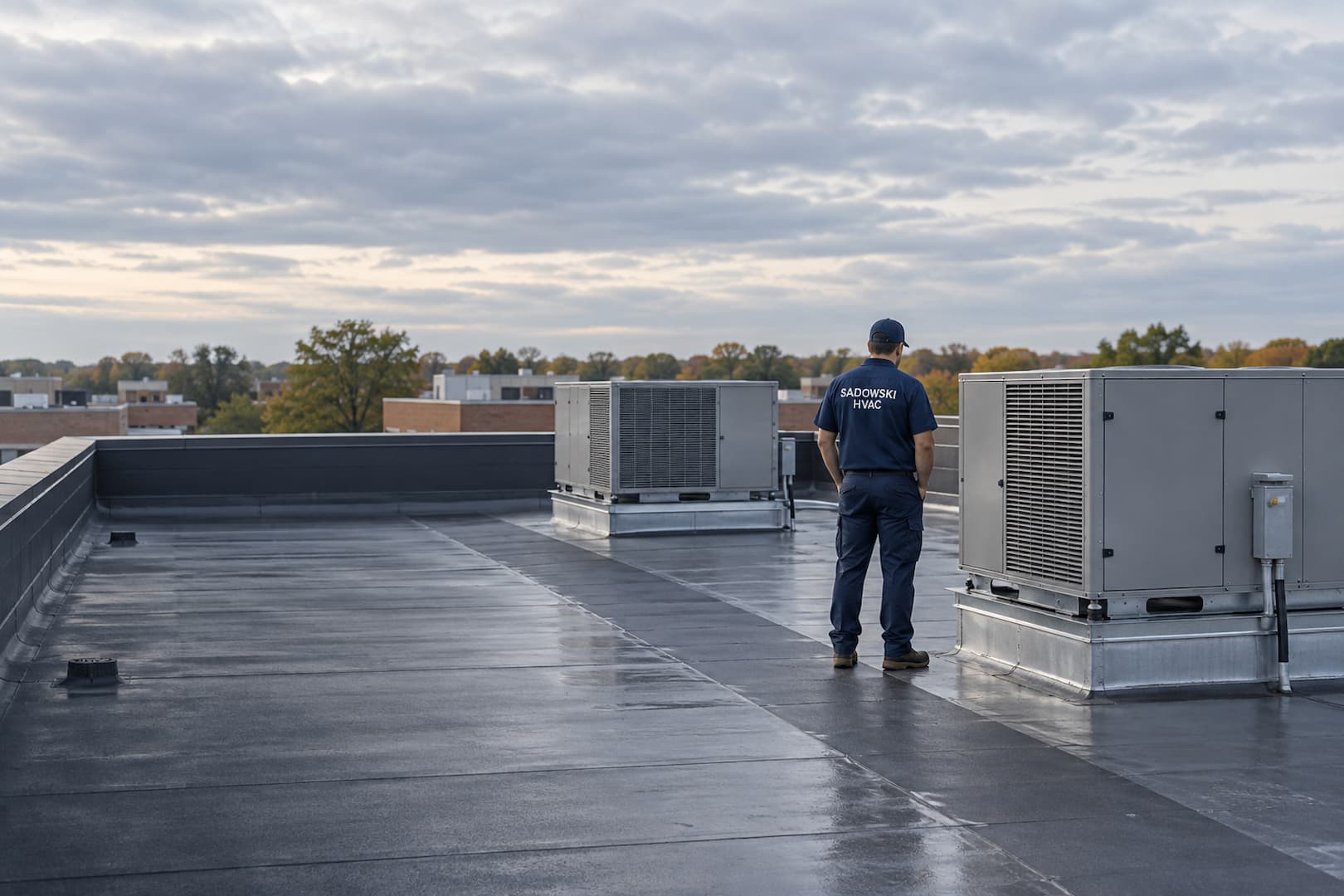 Illustration of a technician inspecting closed commercial rooftop HVAC equipment