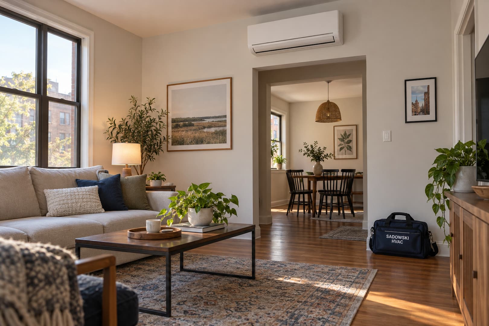Illustration of a residential living room with a wall-mounted ductless unit