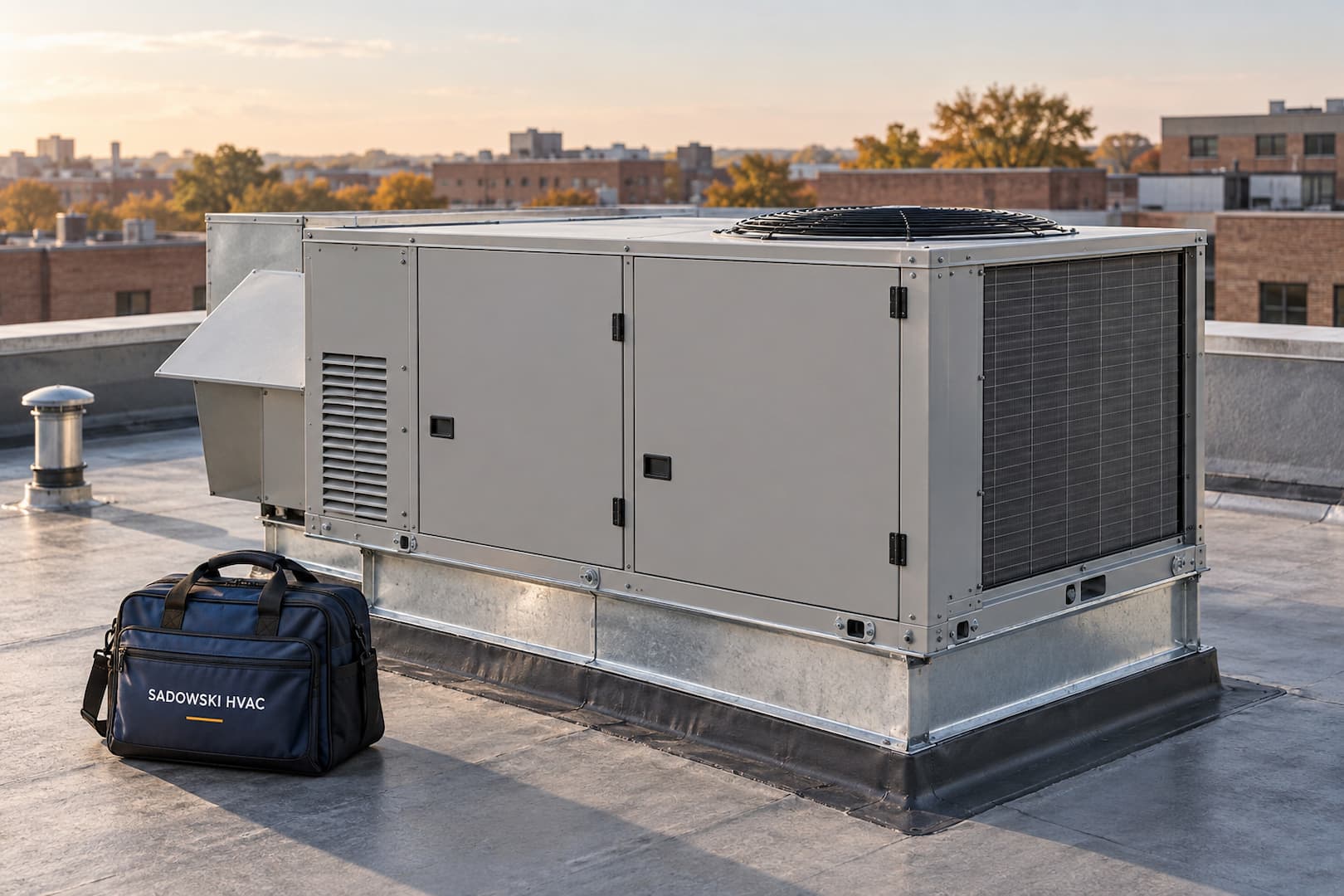 Illustration of a closed rooftop HVAC unit on a flashed curb