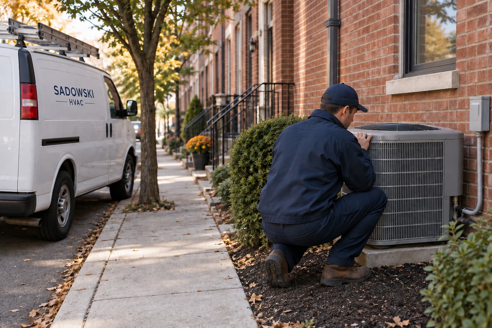 Service van and technician beside closed outdoor cooling equipment