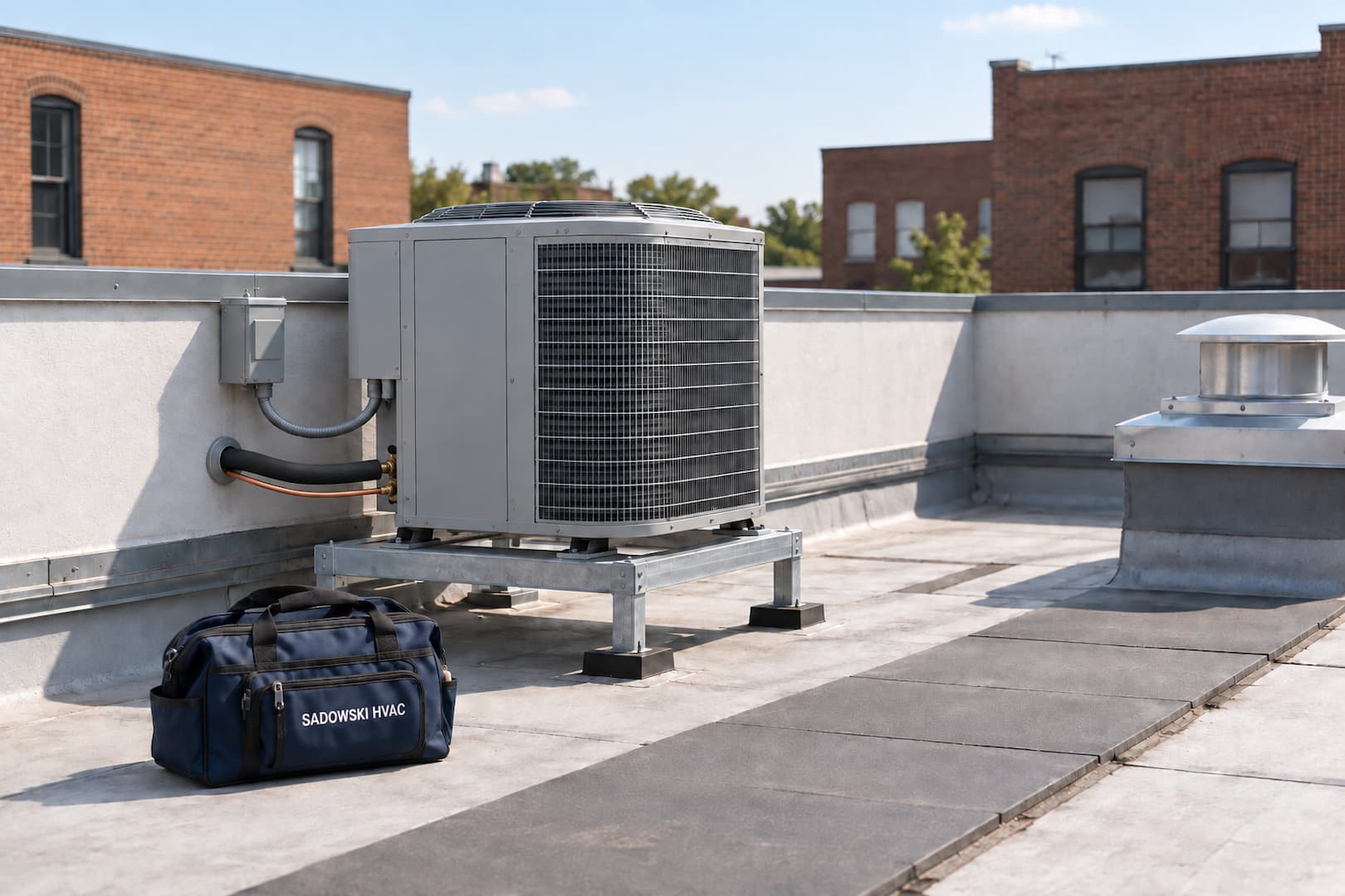 Outdoor HVAC equipment on an urban rooftop