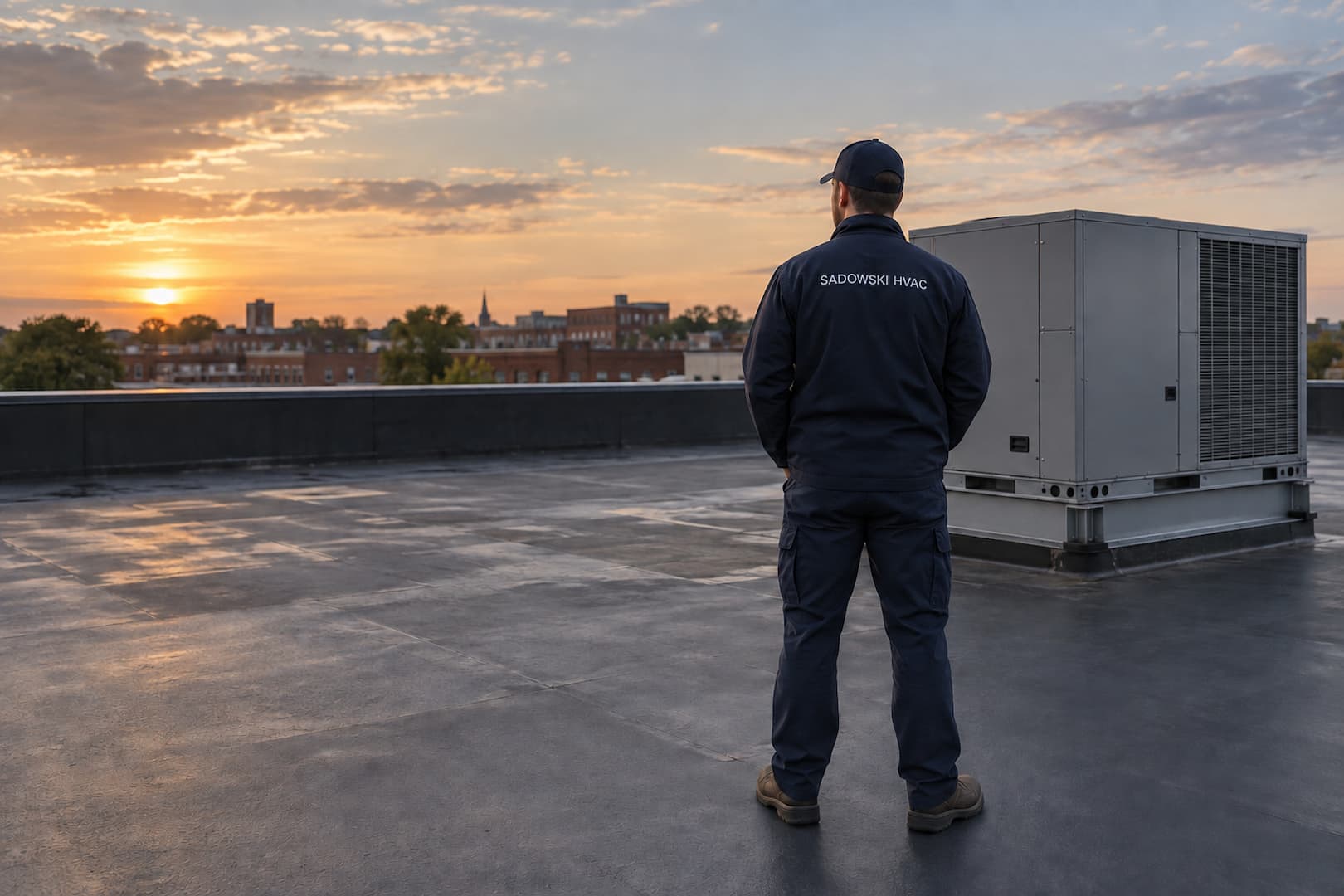 Technician beside an enclosed rooftop HVAC unit in an urban commercial setting