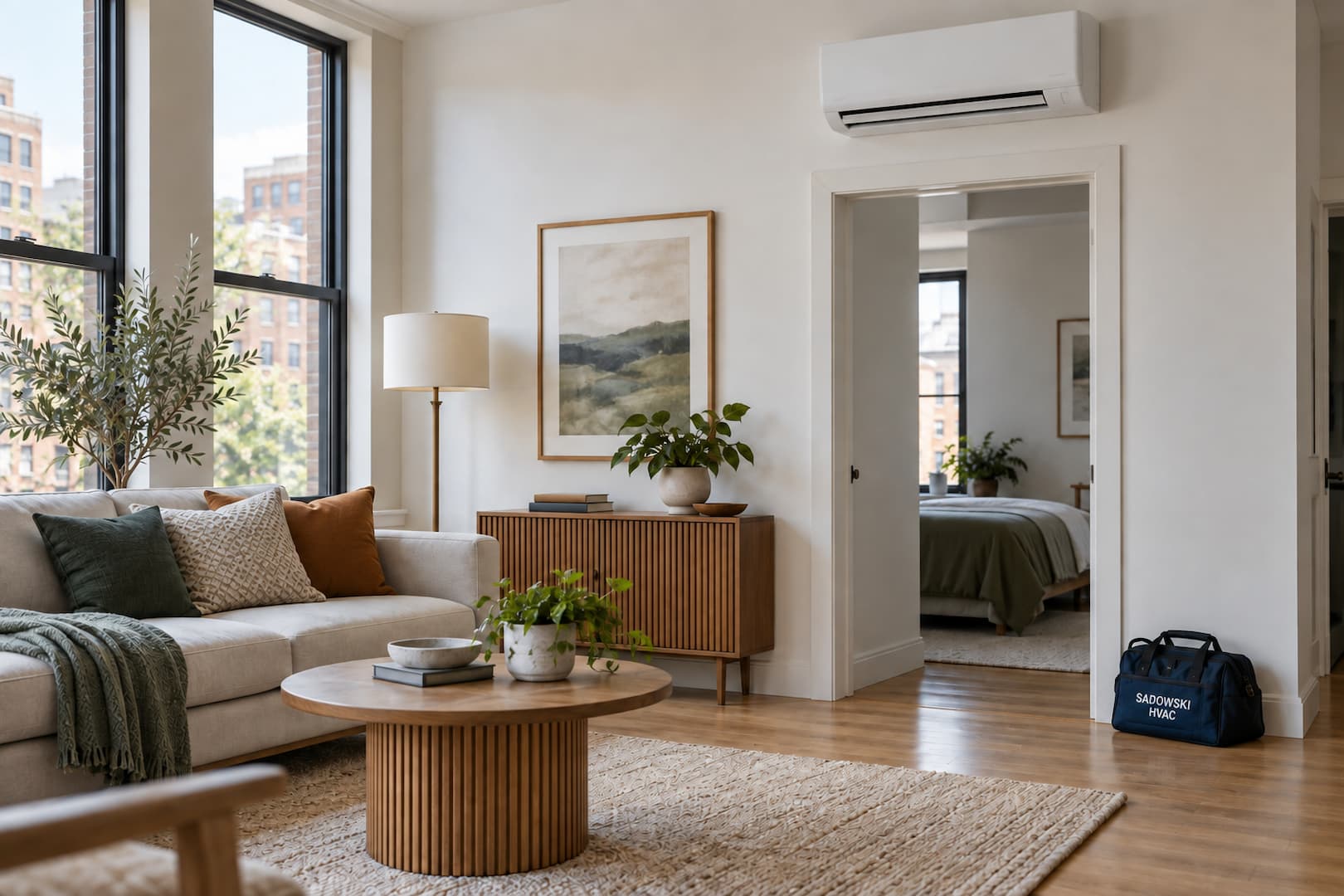 Apartment living room with a wall-mounted ductless system