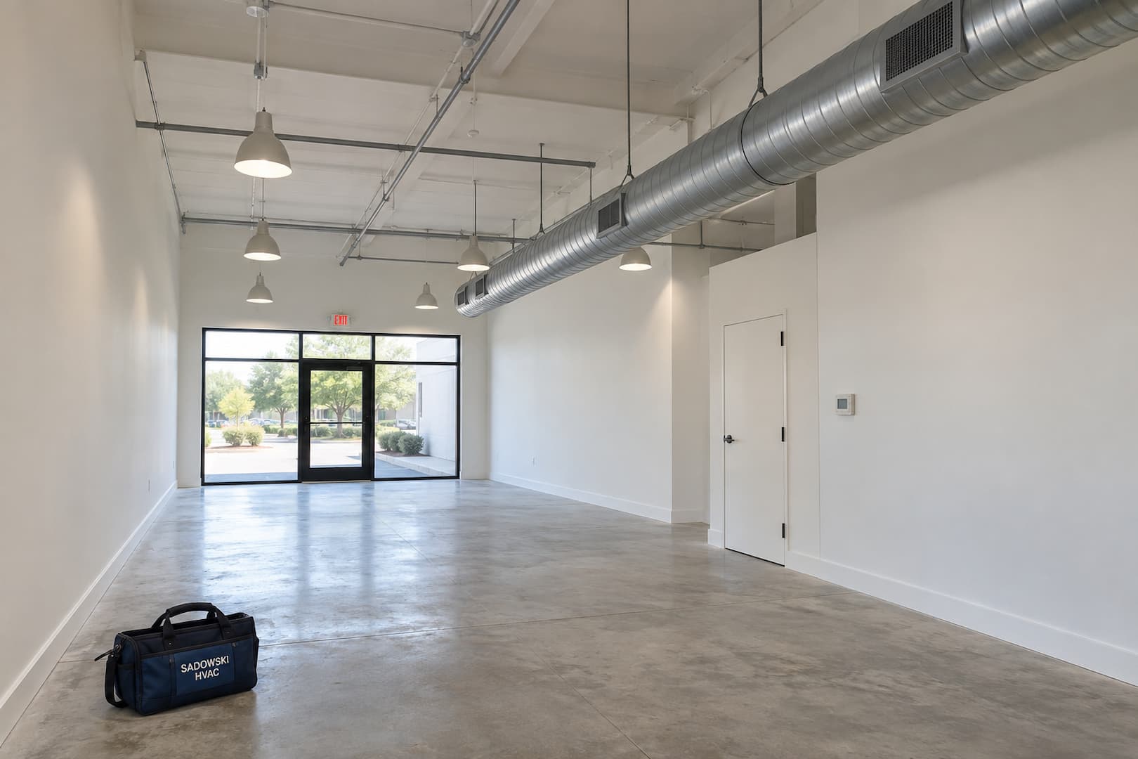 Commercial tenant space with exposed ventilation ductwork