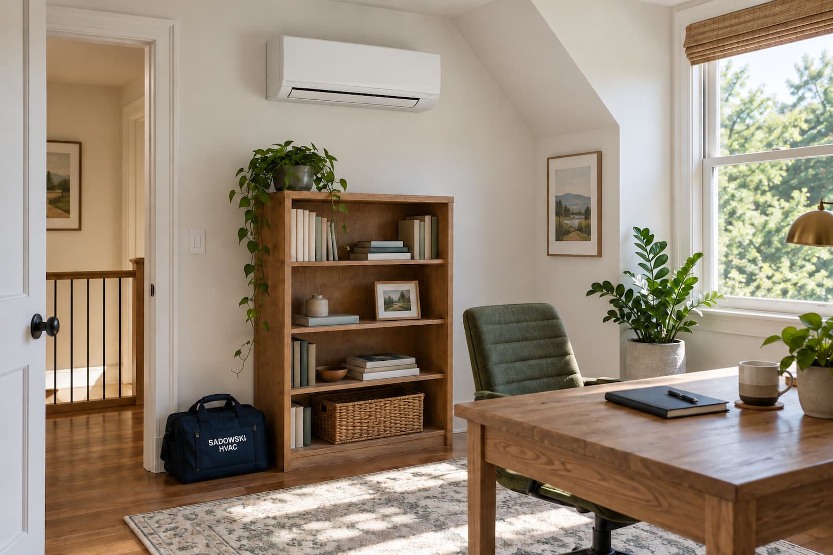 Home office with a wall-mounted ductless unit