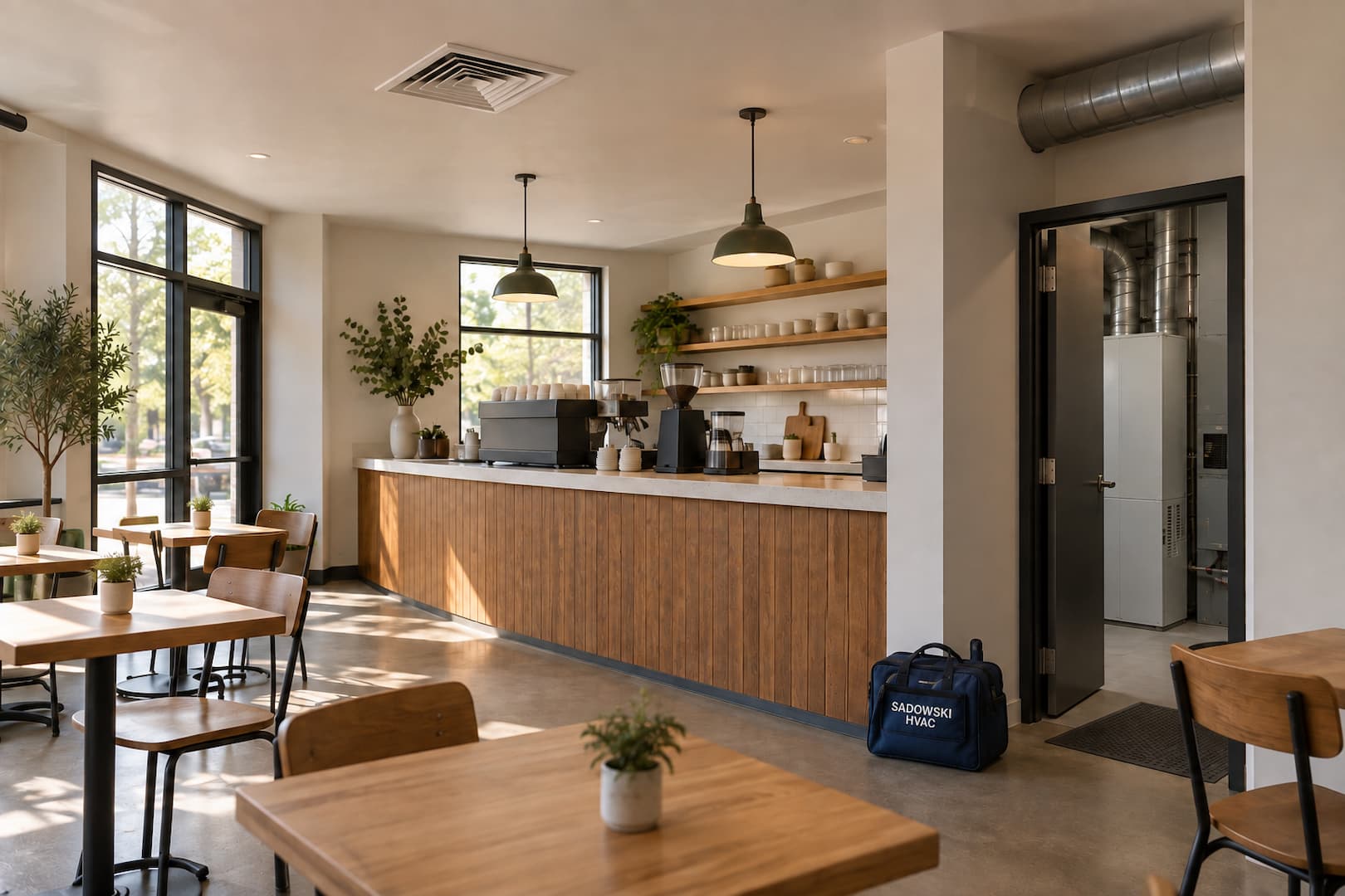 Cafe interior and adjacent mechanical space