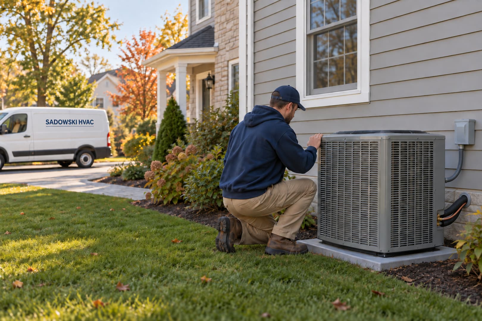 Technician beside outdoor cooling equipment with a service van in the driveway