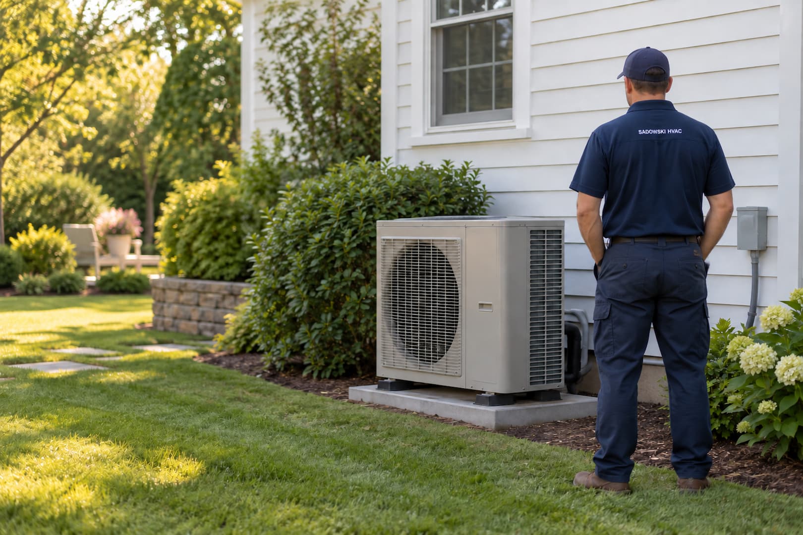 Technician beside an outdoor heat pump at a house