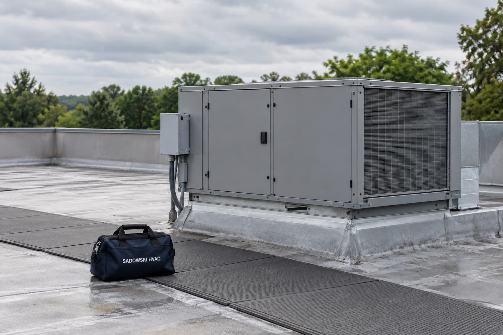 Closed rooftop HVAC unit with clear service access