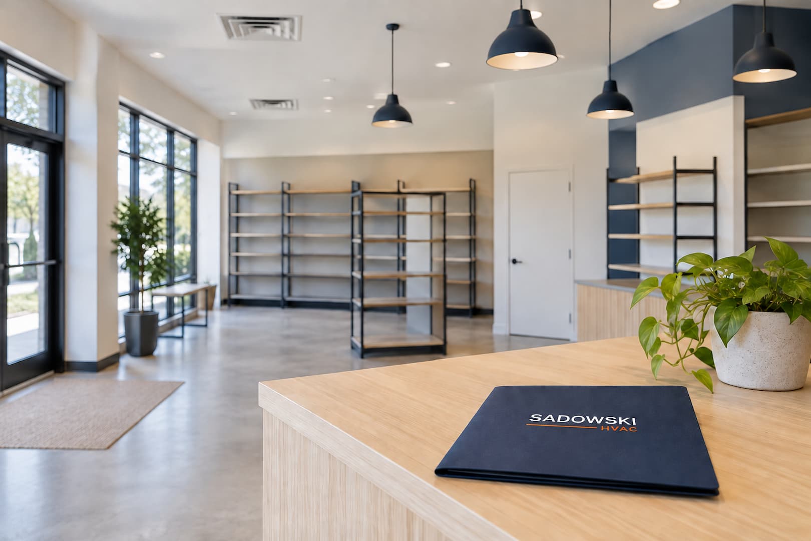 Illustrative retail interior with ceiling diffusers and a Sadowski HVAC folder.