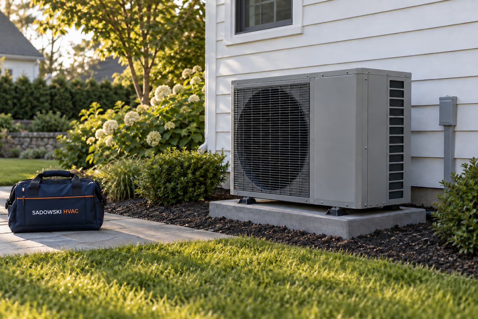 Illustrative residential heat pump and a Sadowski HVAC bag in a side garden.