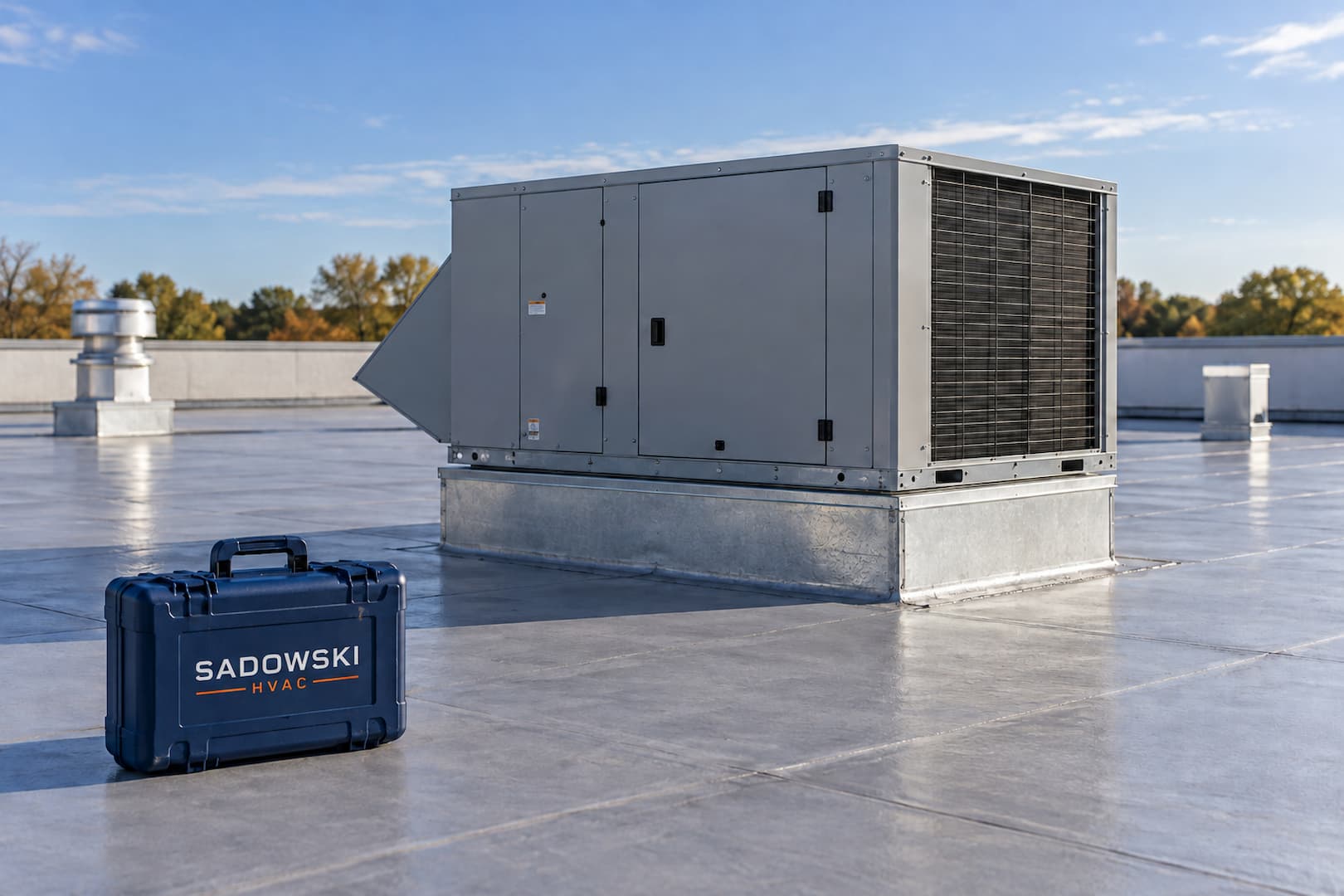 Illustrative commercial rooftop unit with a Sadowski HVAC service case.