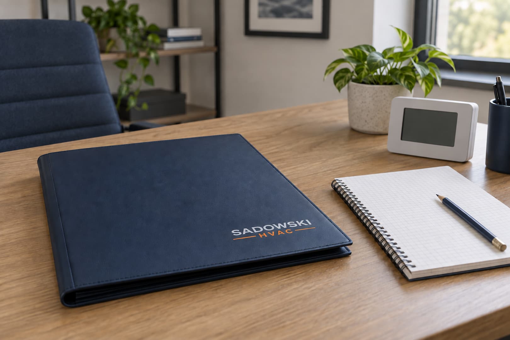 Illustrative service planning folder, blank notebook and thermostat on an office table.