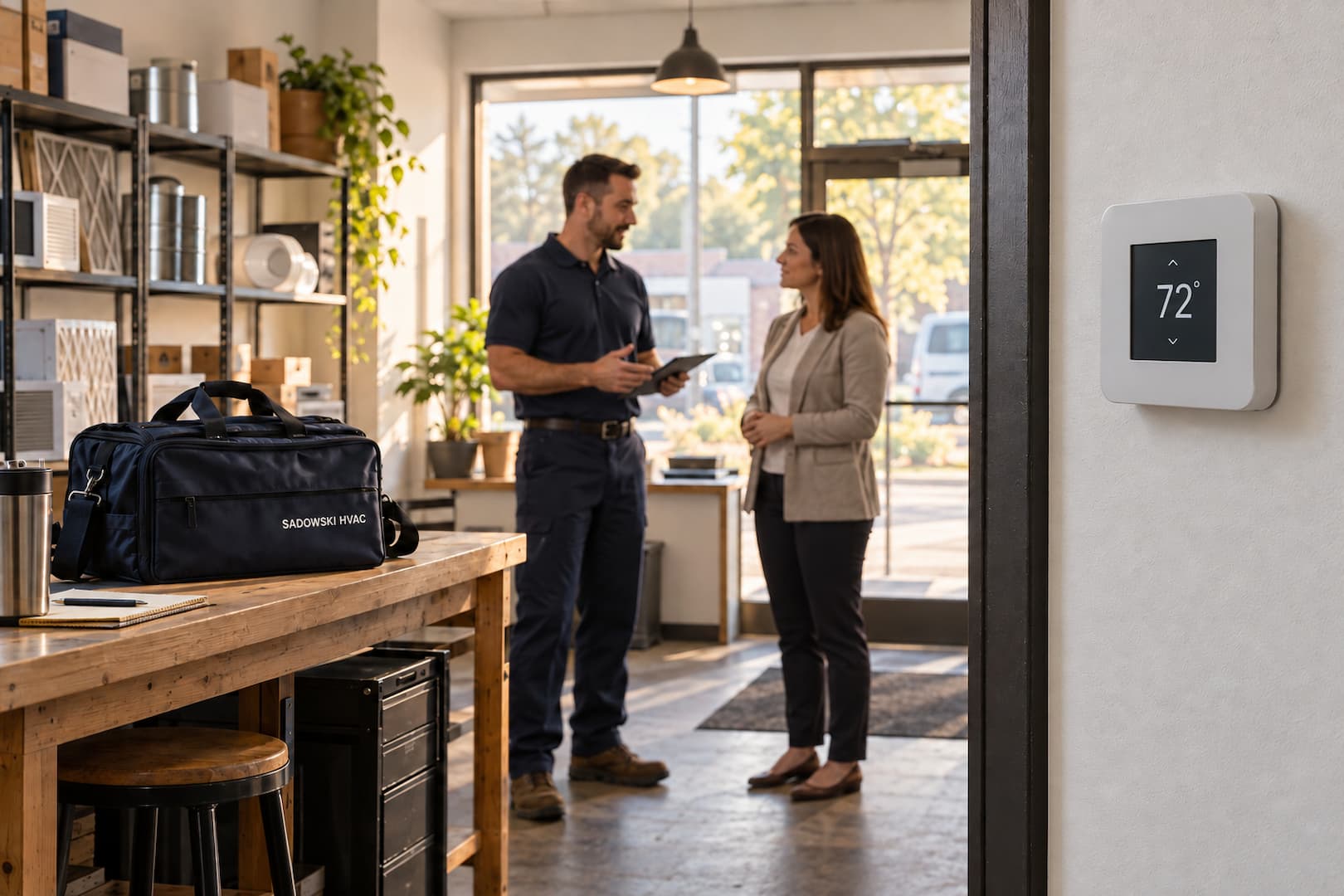 Illustration of a business HVAC consultation beside a wall thermostat
