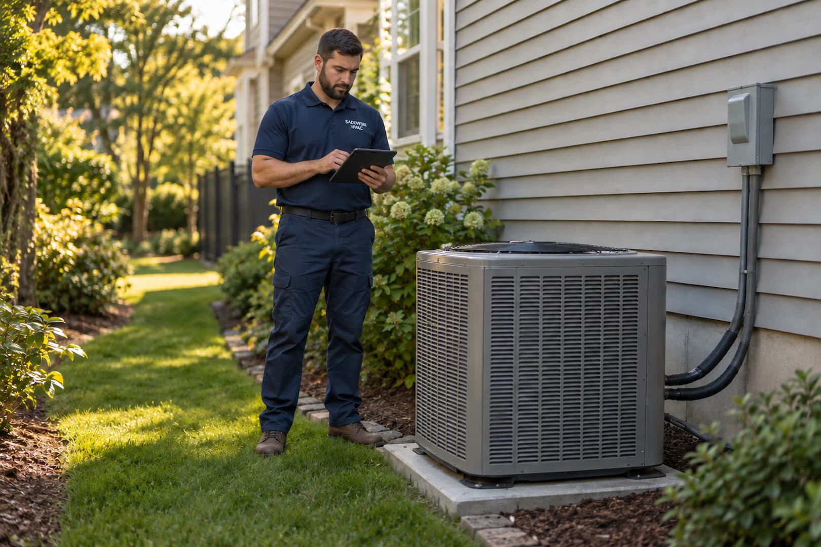 Illustration of an HVAC technician reviewing a tablet beside a residential outdoor unit