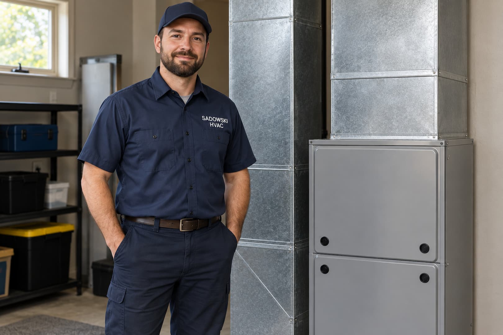 Illustration of a technician beside closed residential heating equipment