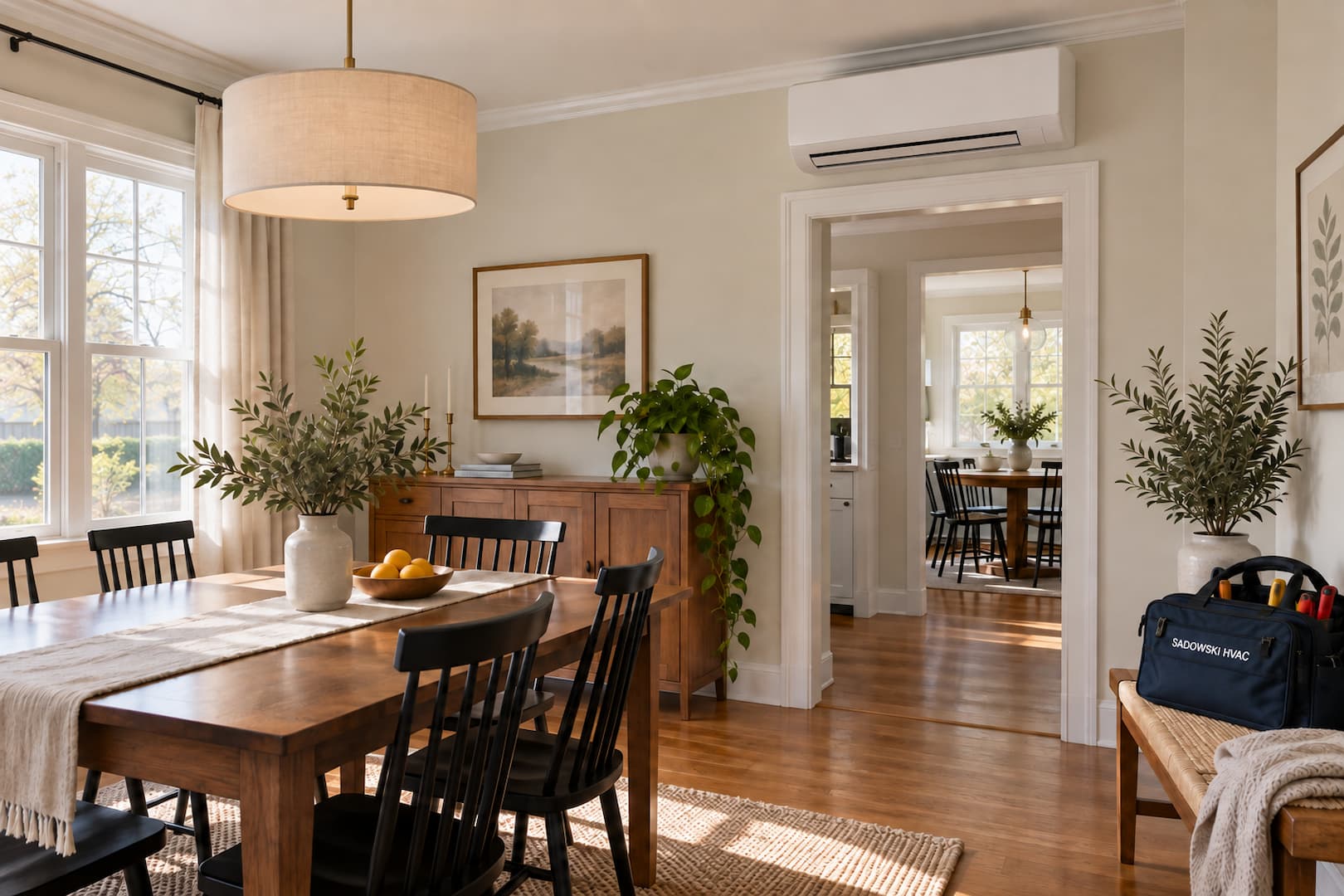 Illustration of a ductless indoor unit in a dining room with a Sadowski HVAC service bag