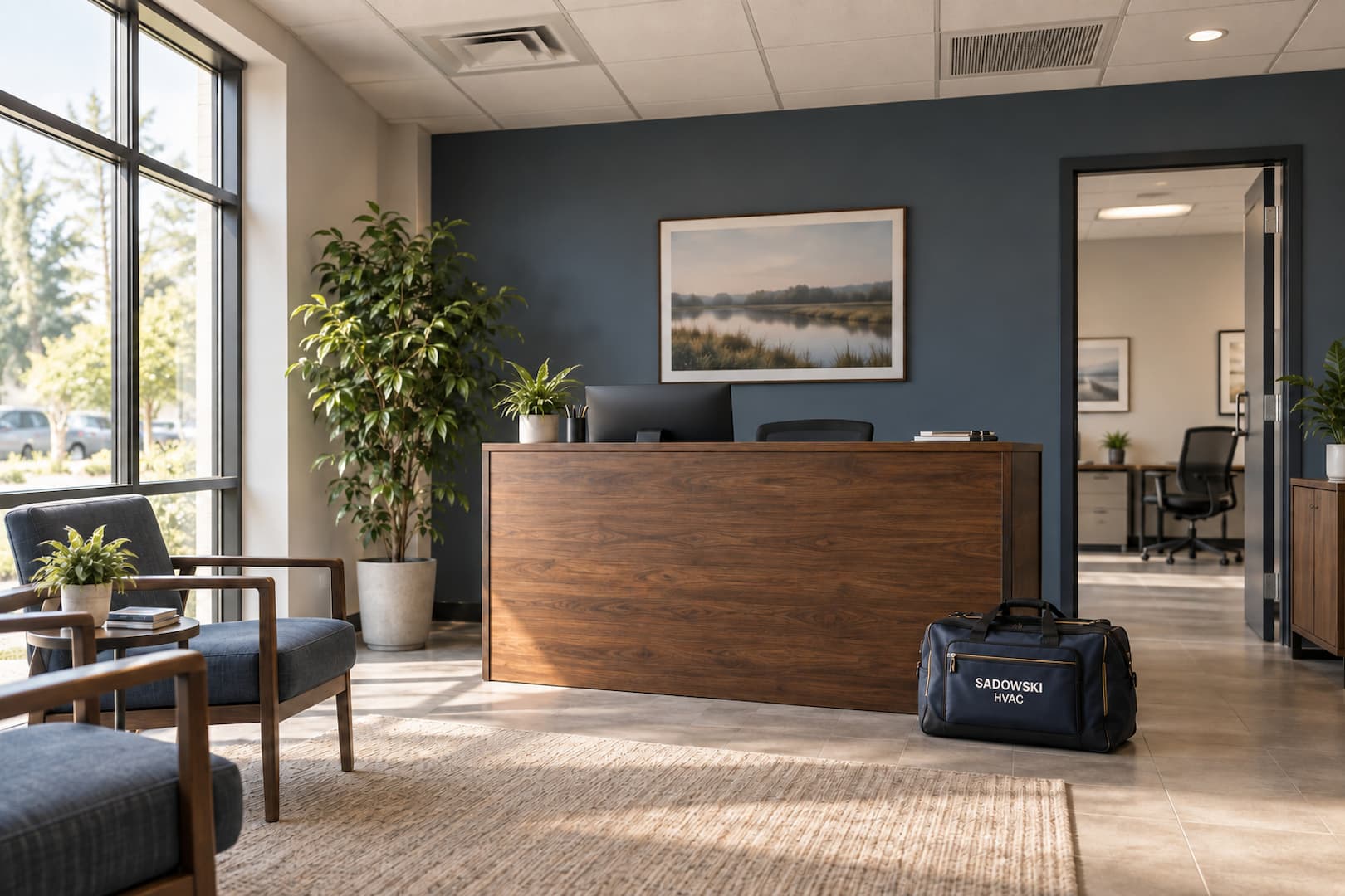 Illustration of an office reception with ceiling vents and an HVAC service bag