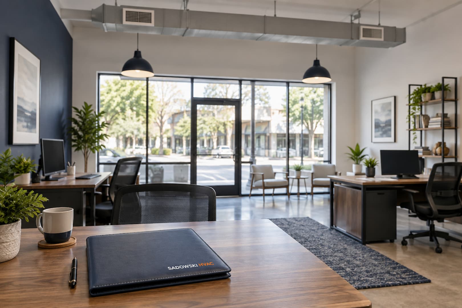 Illustrative storefront office with ceiling ductwork and a Sadowski HVAC folder.