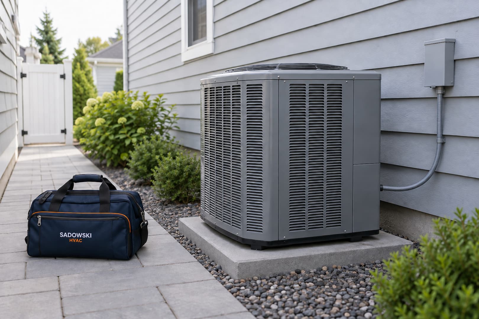 Illustrative outdoor condenser beside a house with a Sadowski HVAC service bag.