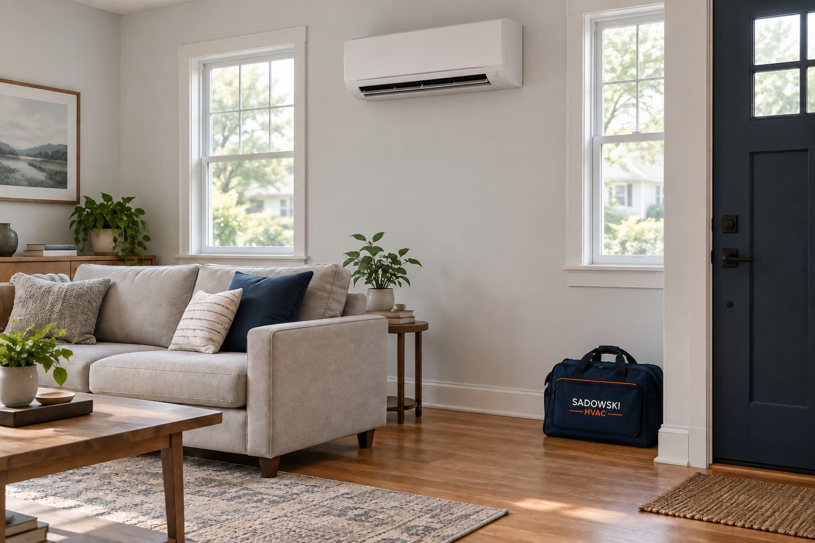 Illustrative living room with a ductless unit and a Sadowski HVAC service bag.