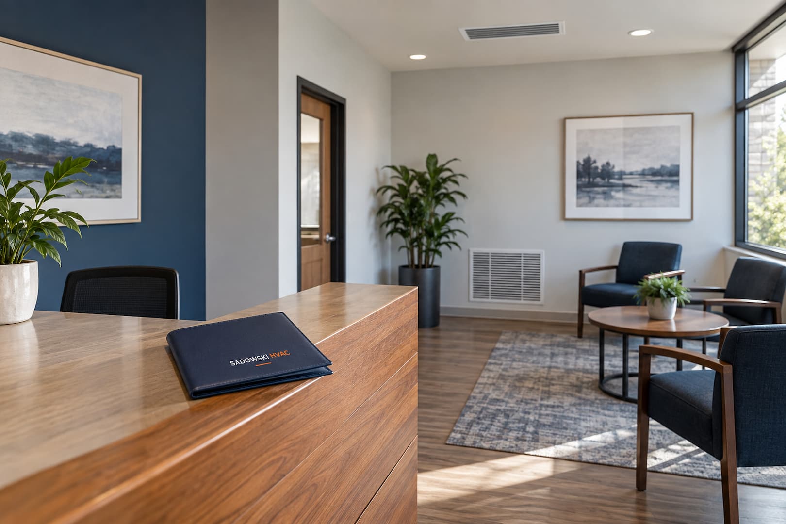 Illustrative office reception with ceiling air supply and a Sadowski HVAC folder.