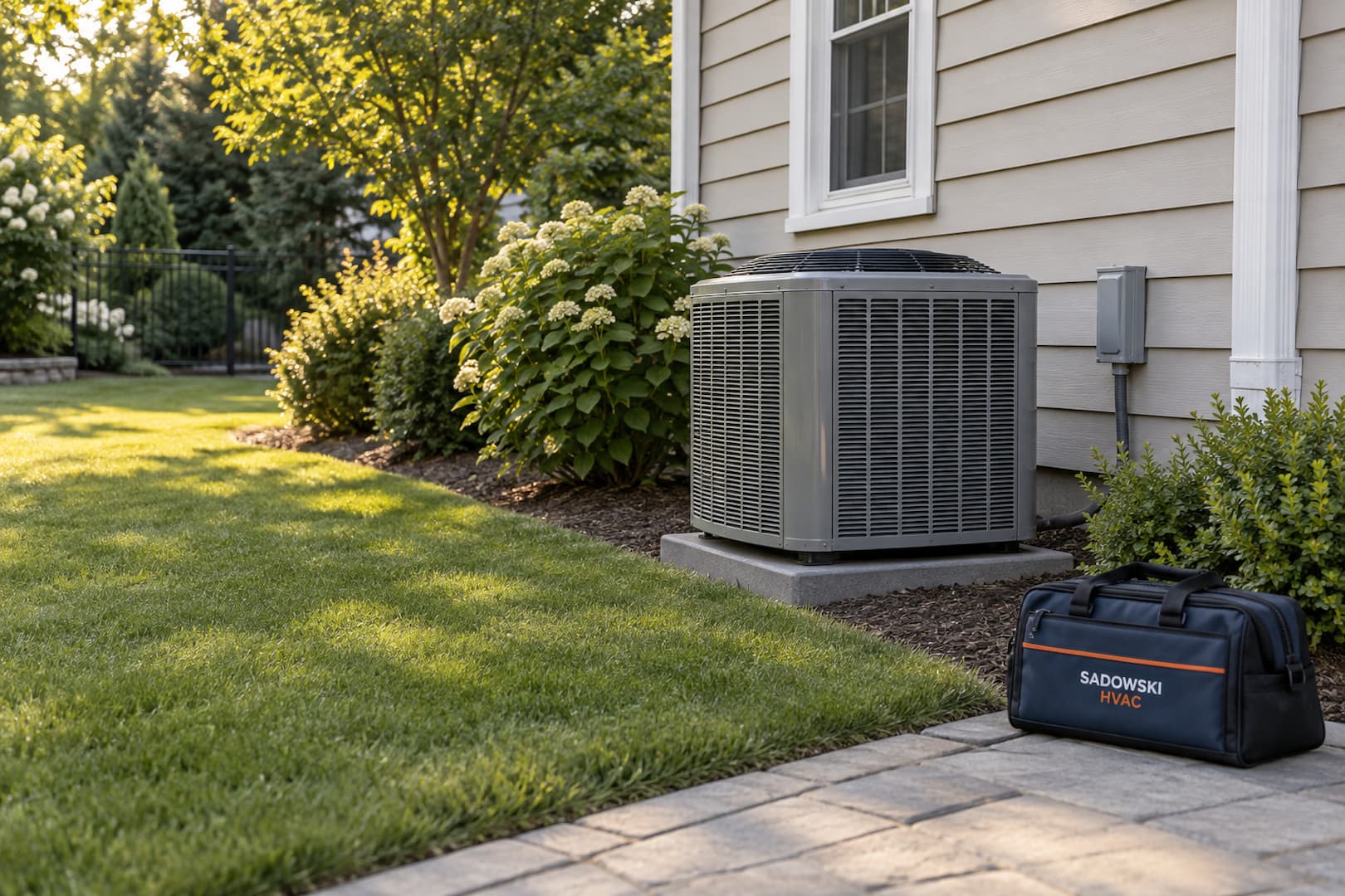Illustrative residential outdoor condenser with a Sadowski HVAC service bag in a garden.
