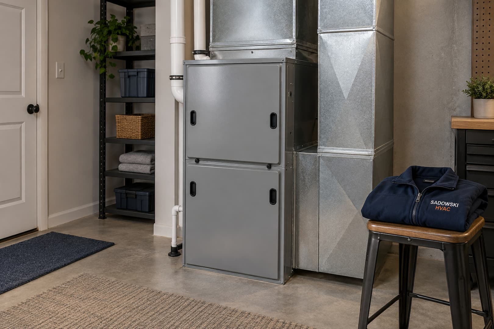 Illustrative closed residential HVAC cabinet and ductwork beside a Sadowski HVAC jacket.