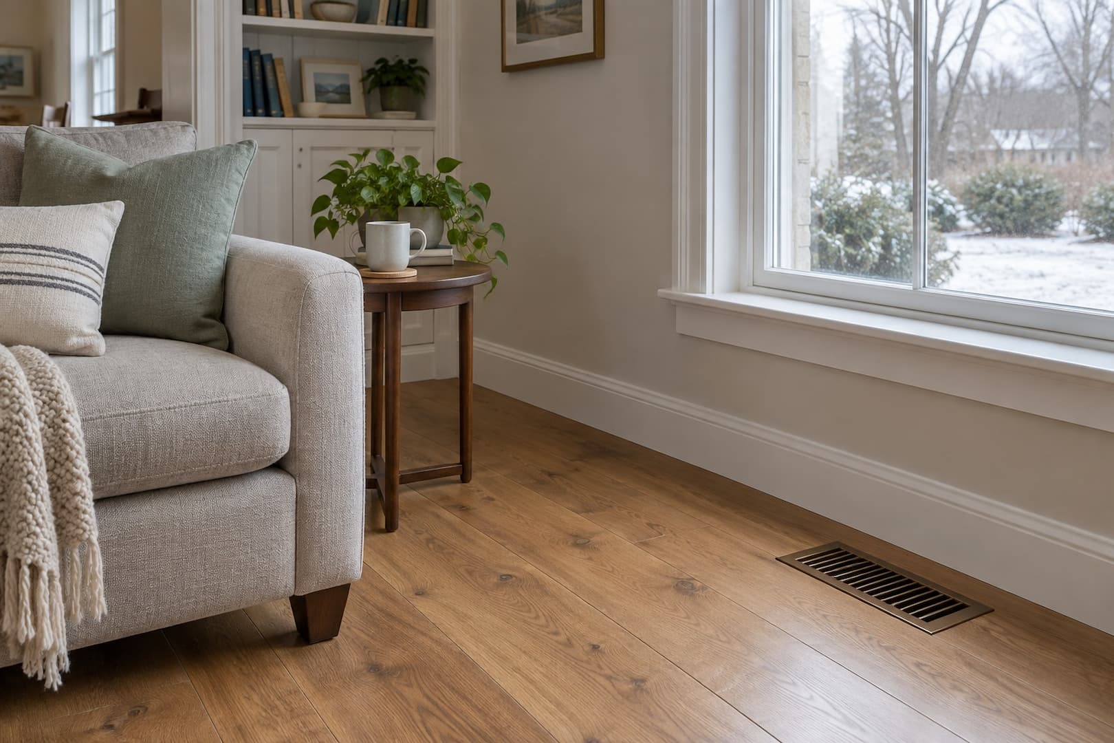 Comfortable living room with an unobstructed floor air register