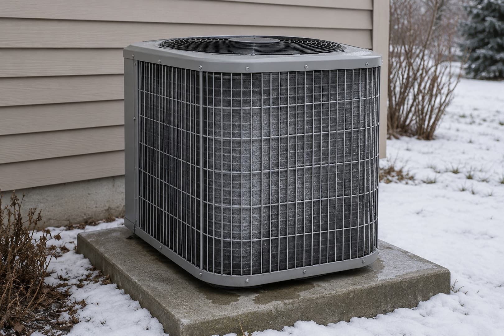 Outdoor heat pump with light frost beside a house in winter