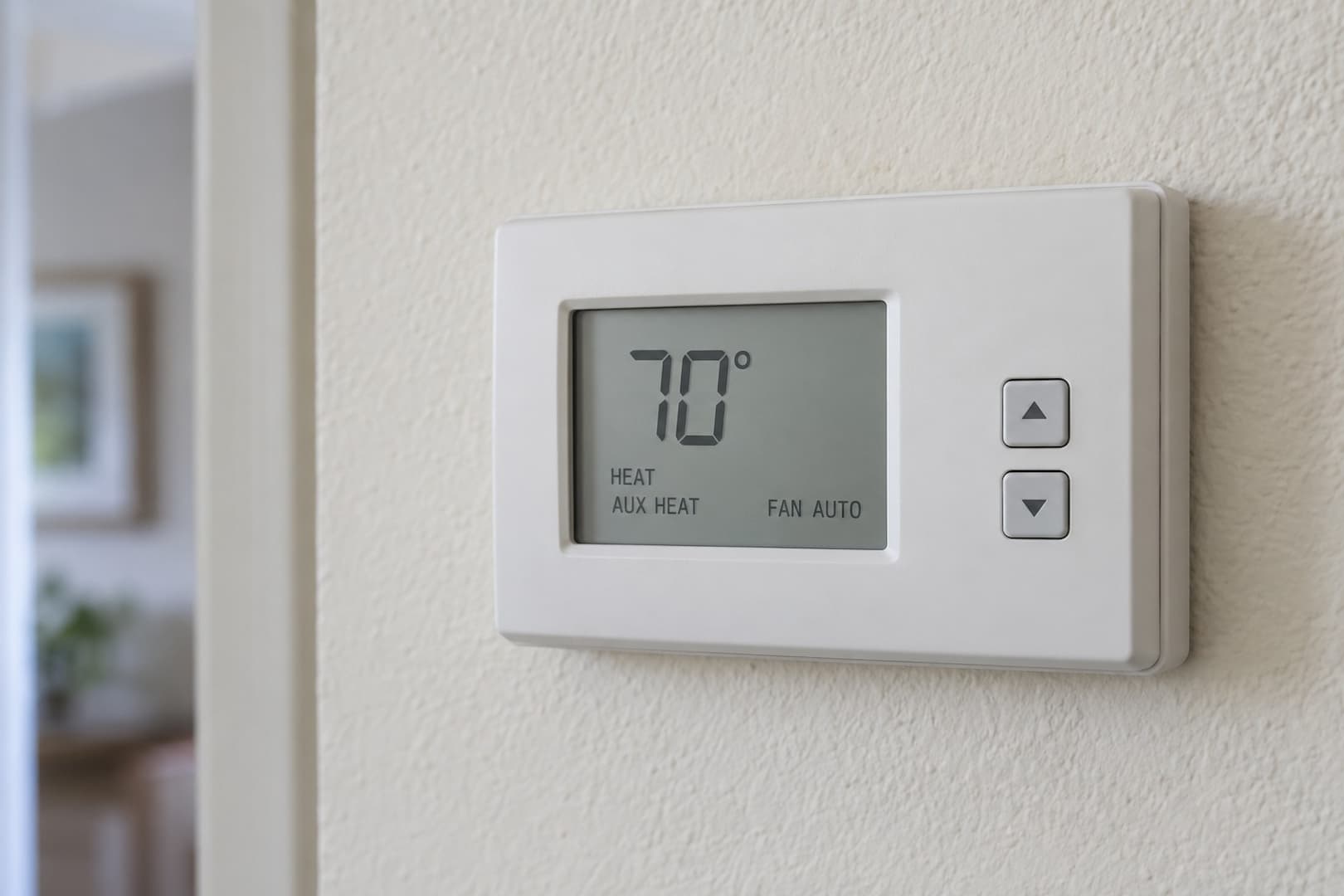 Wall-mounted digital thermostat displaying AUX HEAT