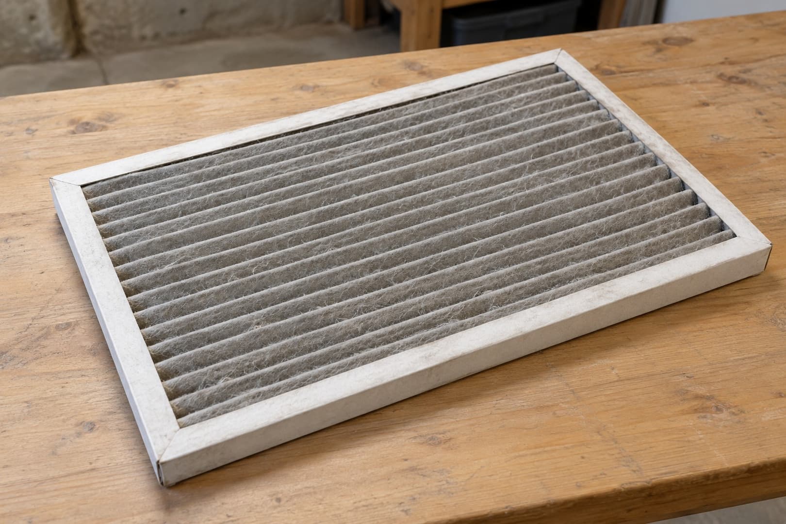 Dust-loaded pleated HVAC air filter on a wooden workbench.
