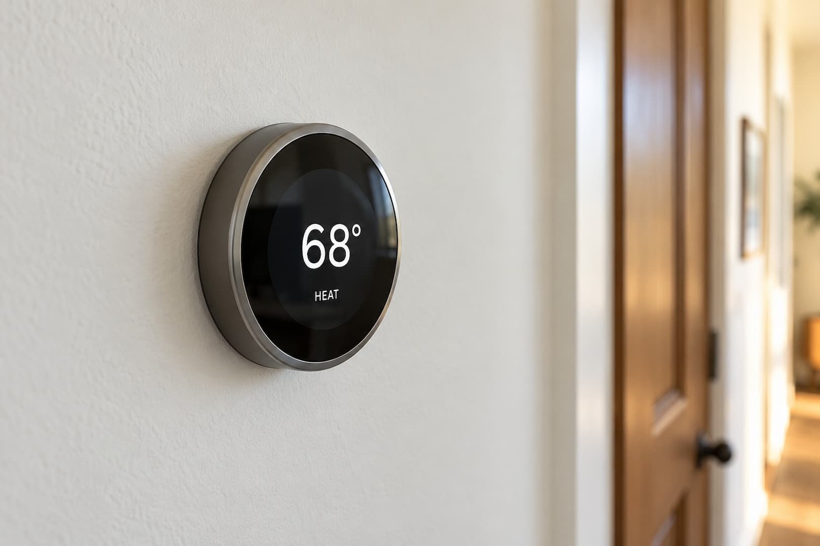 Wall thermostat in a home hallway